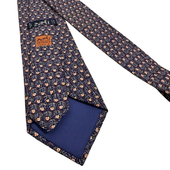 Hermes Paris Men's Blue Honeycomb Hearts Abstract Pattern Silk Necktie - Picture 1 of 9